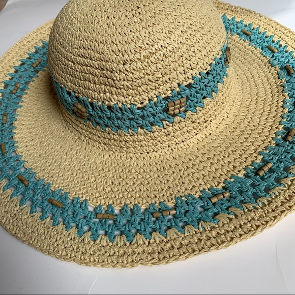 Boho wide brim round beach sun hat woven straw beads turquoise blue cream summer - Picture 3 of 7
